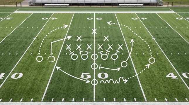 American football play diagram on field with strategic markings
