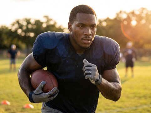 Young African American football player training outdoors with ball