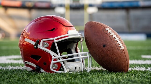 Football helmet and football on grass field for sports safety and game action
