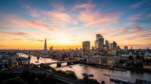 A stunning panoramic view of London at sunset. The iconic skyline of the City of London is reflected in the River Thames.