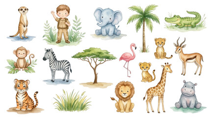 Obraz premium Watercolor illustration set featuring cute wild safari animals like lion tiger elephant zebra giraffe and little explorer boy surrounded by exotic plants and tropical trees