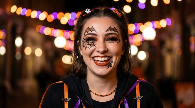Happy woman with halloween face paint at night