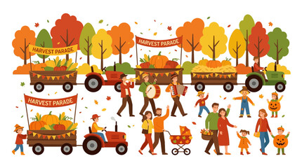 Fototapeta premium Autumn Harvest Parade: Families, Tractors, Pumpkins, Music, Fall Festival Celebration