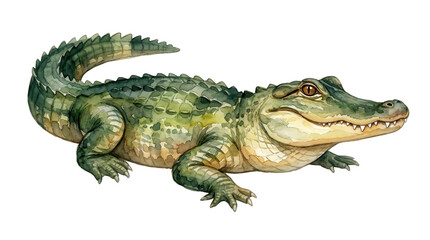 Fototapeta premium Detailed watercolor painting of a large green alligator resting with its scaly textured body curved and sharp teeth visible inside its powerful jaws while facing toward the right side