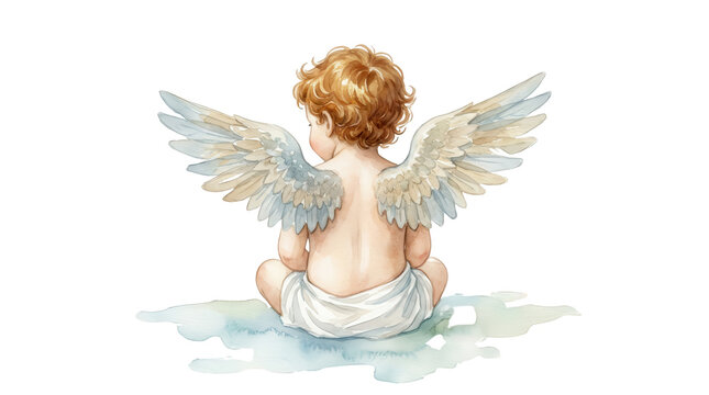 Watercolor painting of a cute little cherub baby angel sitting from behind with large feathery wings curly blonde hair wearing a white diaper painted in soft pastel artistic tones