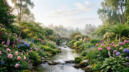 Obraz premium A serene landscape showcases a picturesque garden with a winding stream and a charming stone bridge. Lush, vibrant flowers in shades of pink, purple, and blue bloom abundantly along the banks.