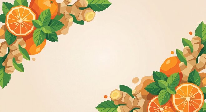 Fresh ginger roots orange slices and mint leaves arranged as corner decorative borders on clean beige background with wide empty copy space for text