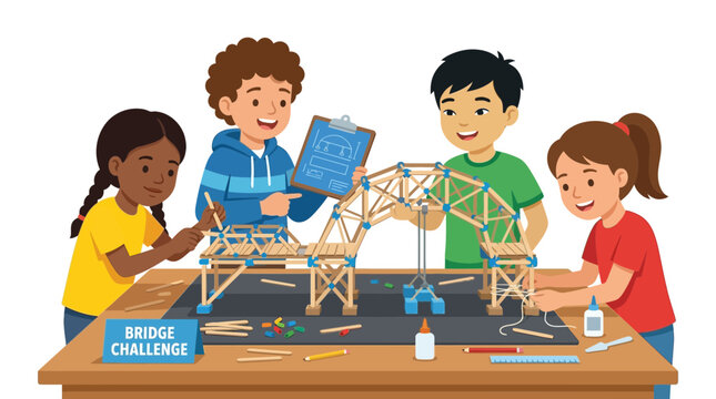 Diverse children building a wooden bridge model for a STEM challenge