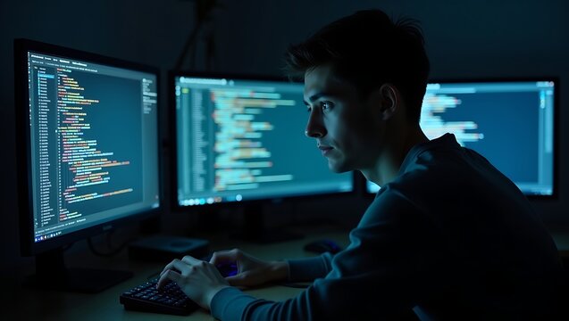 Young man writing software code on multi monitor setup at night with programmer developer computer software
