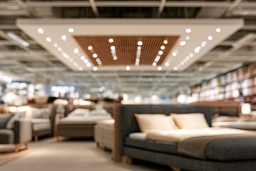 Fototapeta premium Blurred interior of a large furniture store, focusing on beds and sofas