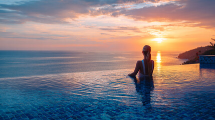 Fototapeta premium Relaxed woman enjoys serene sunset view from inside an infinity pool overlooking the calm vast ocean