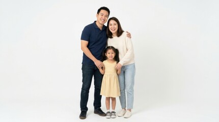 Fototapeta premium Happy Asian family with father mother and little daughter standing together