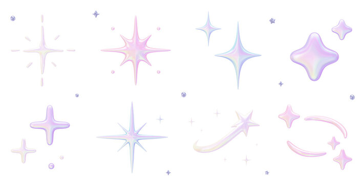 Aurora Pastel Holographic Collection - Sparkle Star Icon Set - Transparent 3D PNG Elements