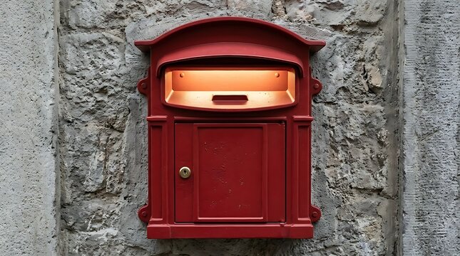 Vintage red metal mailbox mounted on an old stone wall