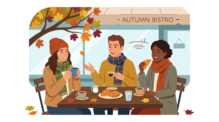 Fototapeta premium Friends enjoying autumn coffee break at outdoor bistro with fall foliage