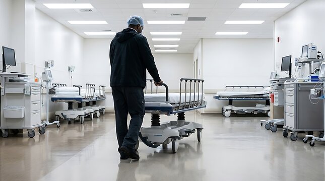 A lone figure pushes an empty hospital bed down a brightly lit, sterile corridor, evoking themes of healthcare, solitude, and medical environments.