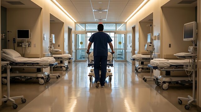 Healthcare Professional Pushing Equipment Down Hospital Corridor.
