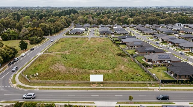 Aerial view of a vacant residential development lot with a blank billboard in a suburban neighborhood development residential property billboard construction neighborhood suburban