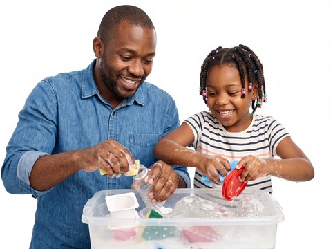 Father and daughter happily washing plastic containers together in soapy water for recycling isolated on white background