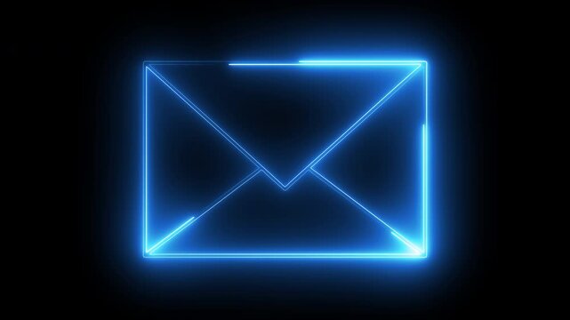 Glowing blue neon envelope icon on a black background. 4K horizontal video.