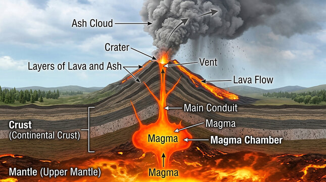 Volcano cross section diagram showing magma chamber and eruption process
