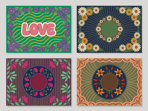 Set of Four Retro Floral Greeting Card Templates in 60s and 70s Groovy Hippie Style