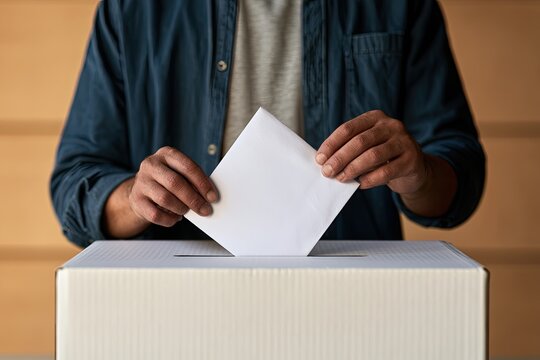 Person's hands deposit a blank ballot into a cardboard voting box