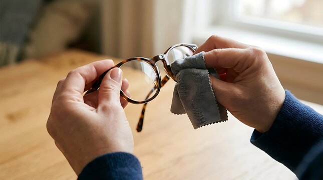 Hands cleaning eyeglasses lenses with microfiber cloth