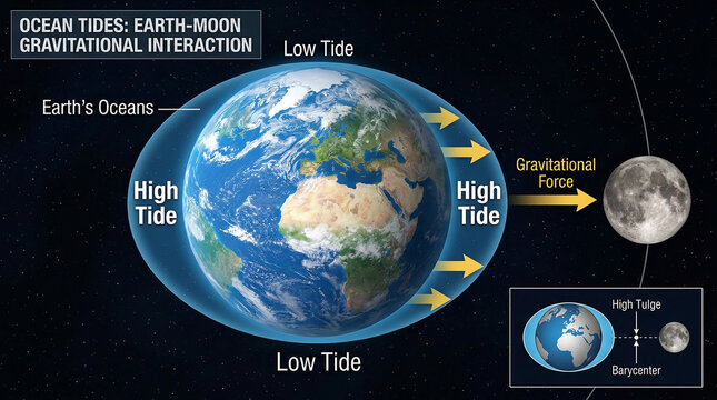 Earth Moon Gravitational Interaction Diagram Showing Ocean Tides and Tidal Forces