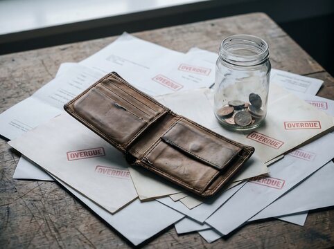 Open brown leather wallet with loose coins in glass jar on stacks of paper documents for financial analysis and personal budget planning concept paperwork investment financial business