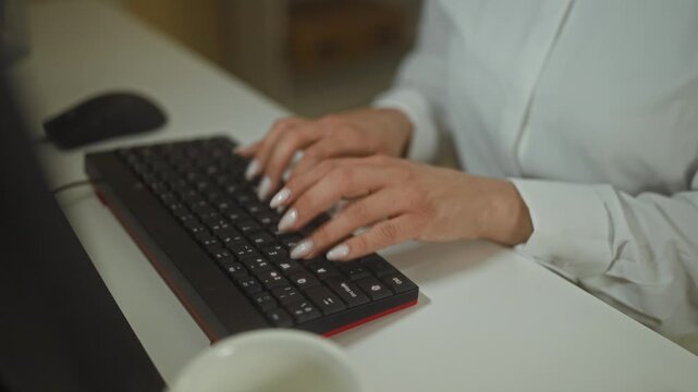 Young hispanic woman typing on keyboard with manicured hands at computer desk inside a building at night; focused productivity.