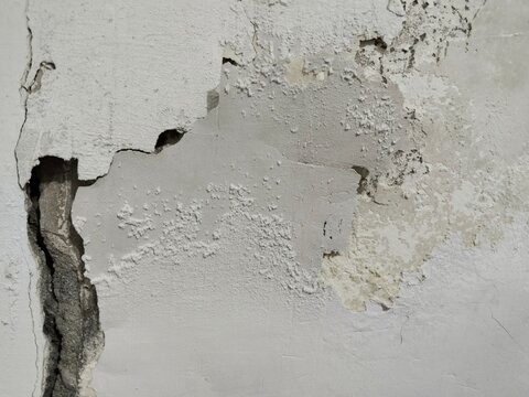An image of a building wall suffering significant damage due to high humidity, water leaks, and both structural and non-structural cracks.