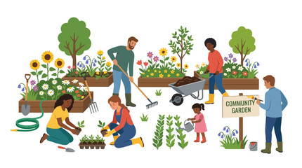 Naklejka premium Diverse community gardening, planting vegetables and flowers, healthy lifestyle, urban farming