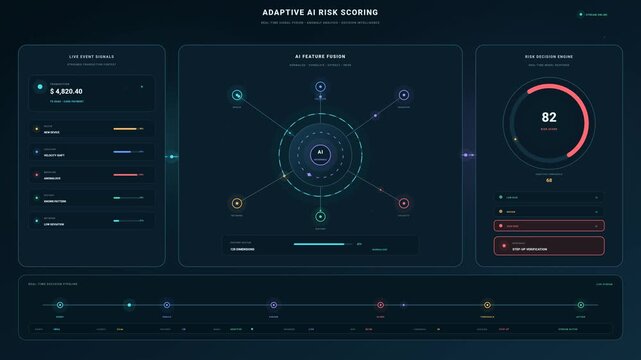 Adaptive AI Risk Scoring Dashboard Animation - Real-Time Fraud Detection Fintech 4K