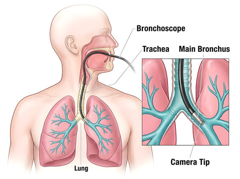 Bronchoscope inserted in human trachea and bronchus isolated on white background