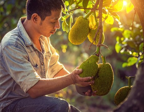 Farmer harvesting large jackfruit from a tropical tree.