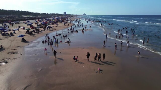 Miramar Beach Ciudad Madero Sunset Aerial View Crowded with Tourists Palapas Vehicles and Gulf of Mexico Waters