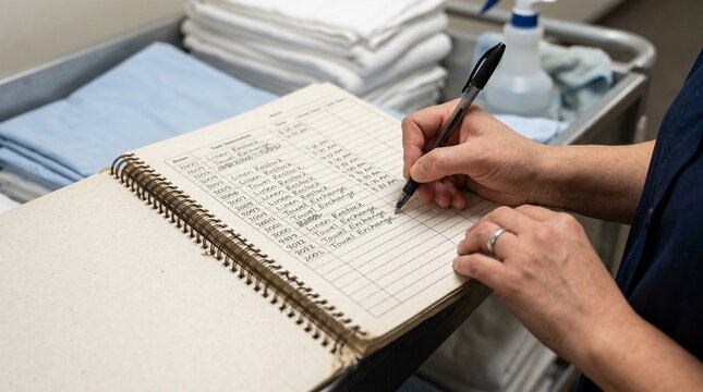 Documenting a completed linen cart restocking round in a housekeeping logbook - Hospital Housekeeping Linen Cart Management Stock Photo
