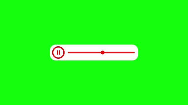 Minimalist media player interface with pause button and loading progress bar animation set against green screen background.