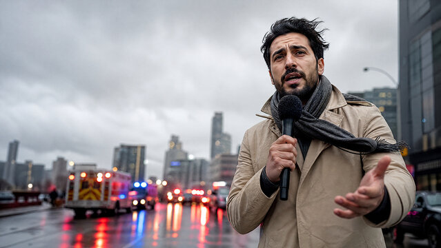 Middle Eastern Male Broadcast Journalist Reporting Live On City Street