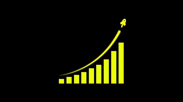 Growth bar chart animation with rocket taking off on black background representing business success and financial profit.