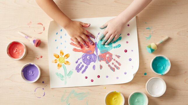 Art Education: Children turn colorful handprints into a butterfly during a collaborative finger-painting activity