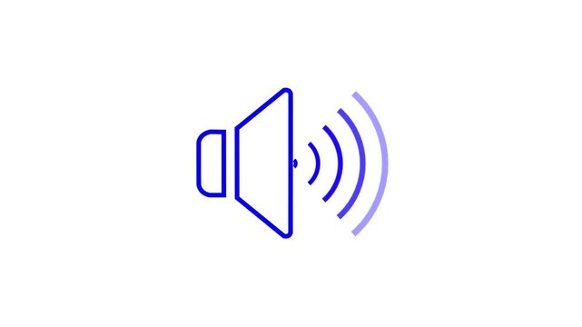 Minimalist speaker icon with animated blue sound waves on white background representing audio output and volume levels.