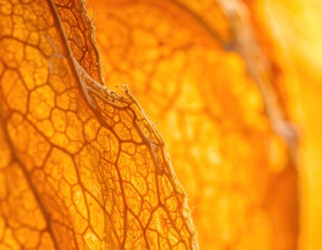 Extreme macro view of orange leaf veins and texture.