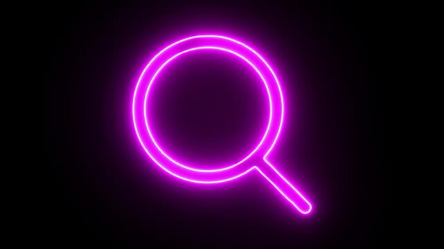 Magnifying glass icon glows pink against dark background appearing through neon line animation for search discovery clip.