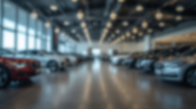 Modern Car Dealership Showroom with Rows of Vehicles and Bright Lighting.