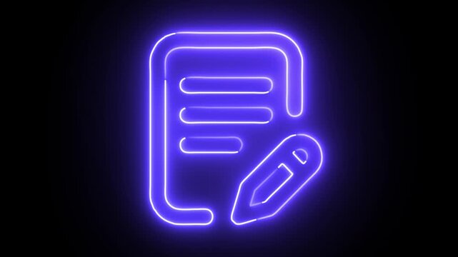 Purple neon icon of document and pencil animating on black background, concept of writing or editing, animated graphic.