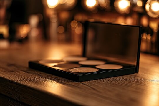Open makeup palette with five neutral shades on wooden surface, blurred lights