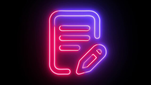 Neon glowing document editing sign animation with pencil icon isolated on black background for digital business interface.