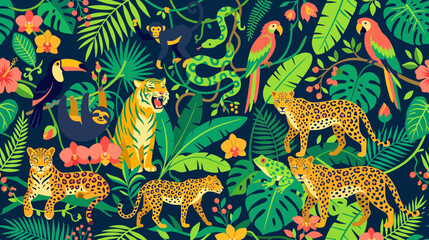 Obraz premium Vibrant Jungle Scene Showcasing Leopards and Tigers Amid Dense Foliage.